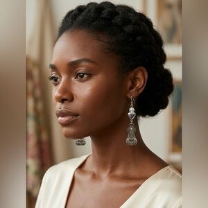 Artisan Silver Heart & 
Guanyin Buddha Goddess of Mercy  Drop Earrings